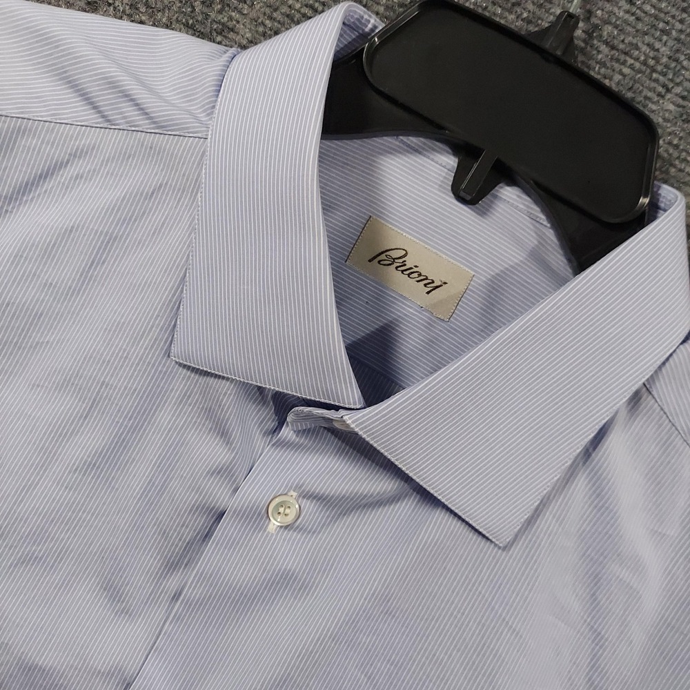Brioni Shirt Mens EU 44 17.5 Blue Stripe Long Sleeve Dress Button Up Italy